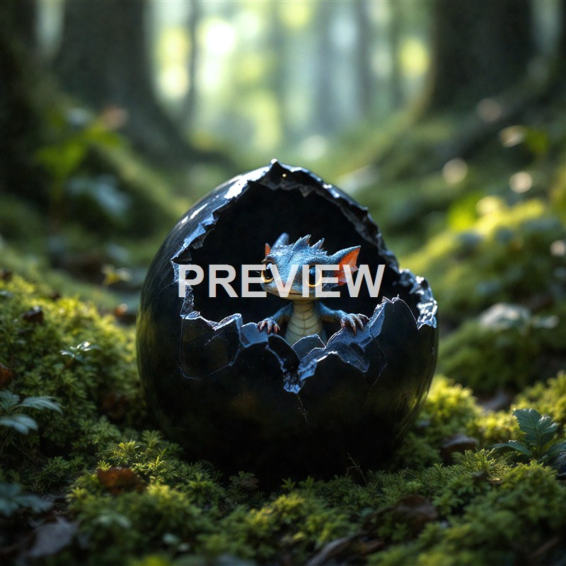 A small, animated dragon-like creature with big, expressive eyes and pointed ears is emerging from a cracked black egg in a lush, green forest setting.